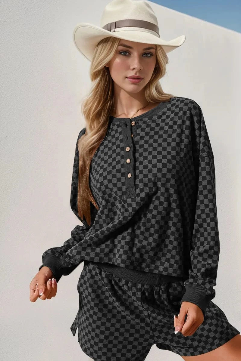 Black Double Take Checkered Half Button Top and Shorts Set Two-Piece sets