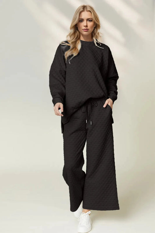 Black Double Take Checkered Slit High-Low Round Neck Top and Wide Leg Pants Set Two-Piece sets