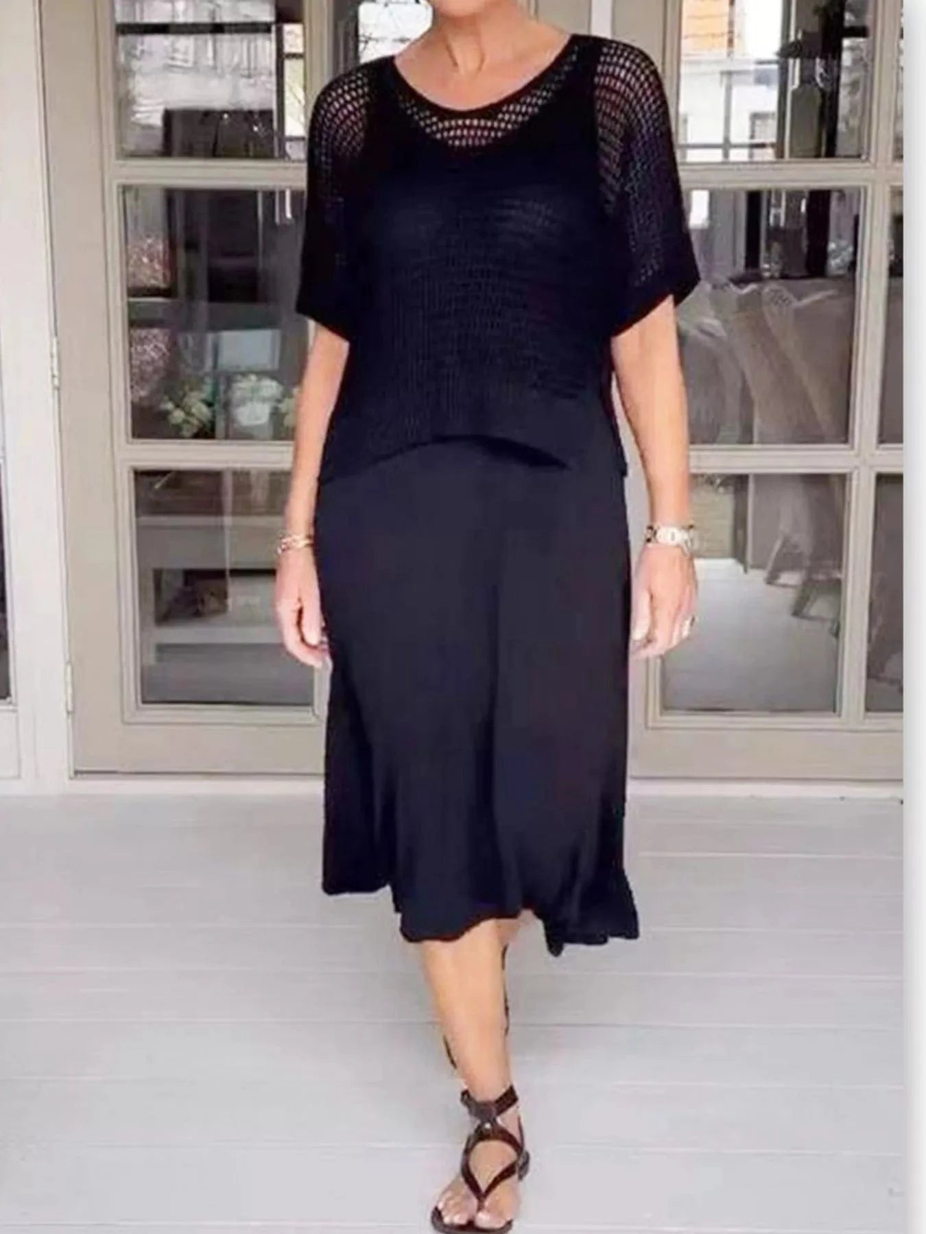 Black Full Size Openwork Knit Cover Up and Dress Set Plus Size Two-Piece sets