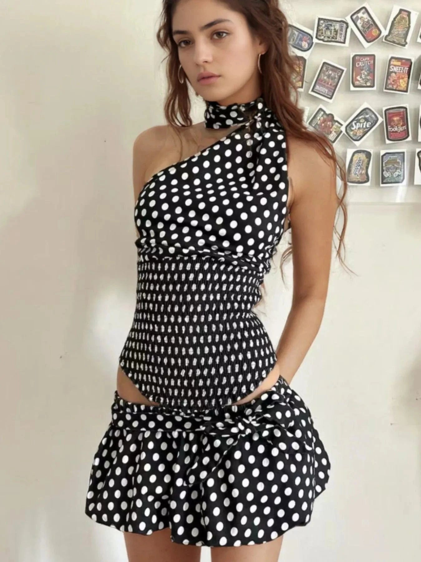 Black Polka Dot One-Shoulder Top and Mini Skirt Set Two-Piece sets