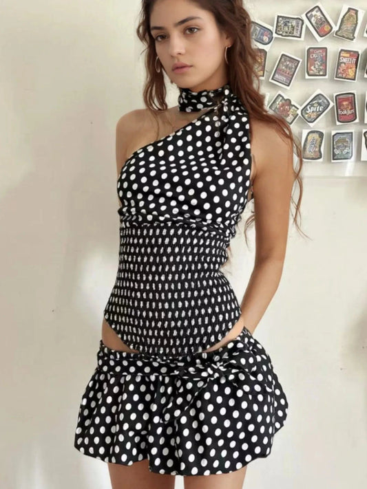 Black Polka Dot One-Shoulder Top and Mini Skirt Set Two-Piece sets
