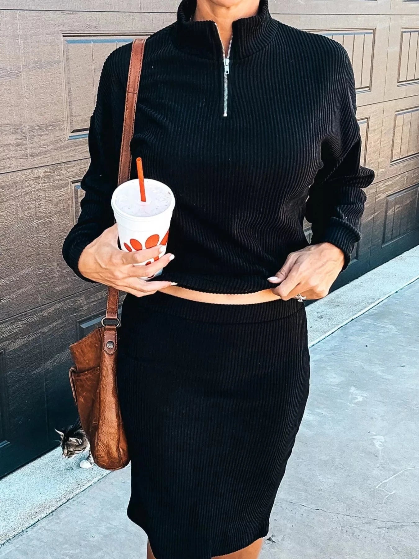 Black Ribbed Knit Quarter-Zip Top and Skirt Set Two-Piece sets