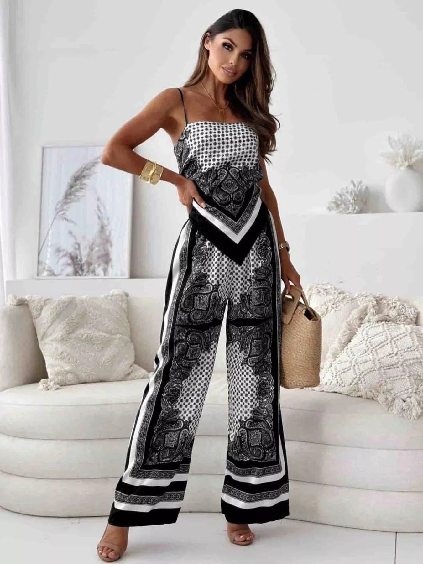 Black Tie Back Printed Cami and Pants Set Two-Piece sets