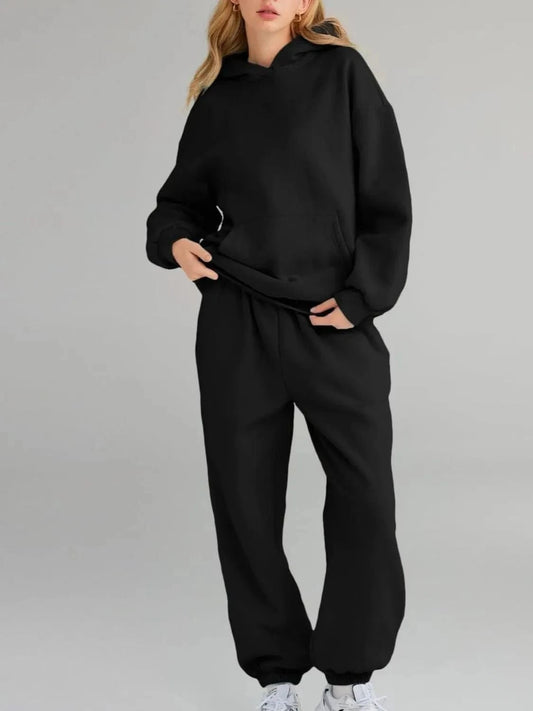 Black Full Size Kangaroo Pocket Hoodie and Joggers Set Plus Size Two-Piece sets
