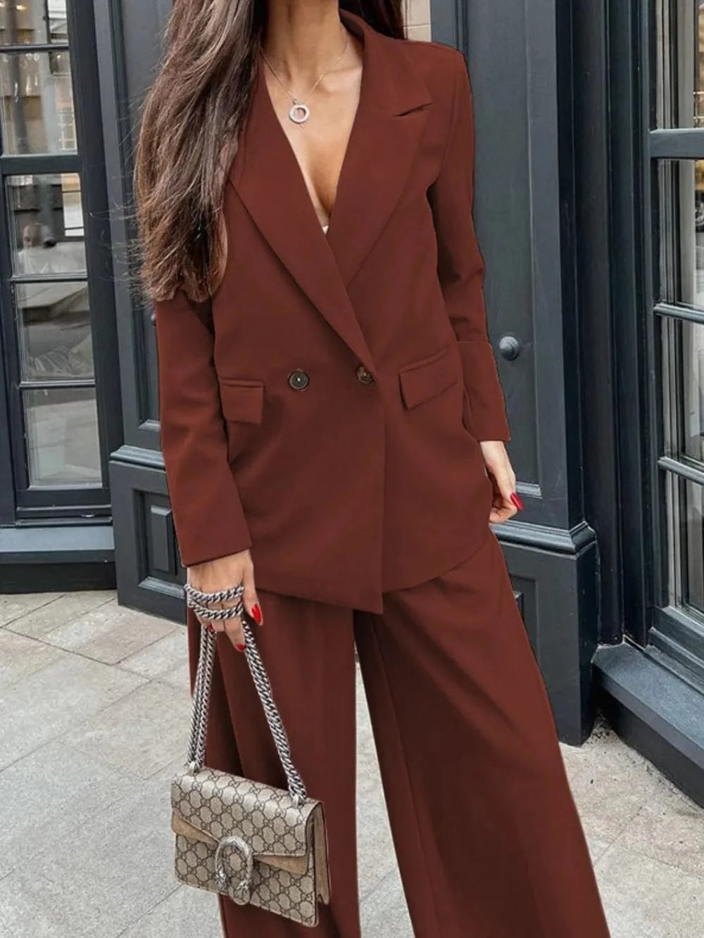 Brown Buttoned Lapel Collar Long Sleeve Blazer and Pants Set Two-Piece sets