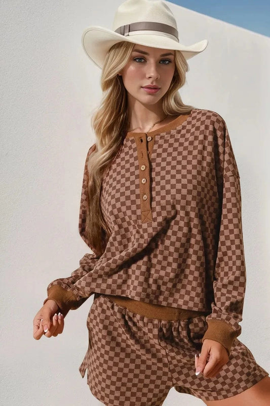 Brown Double Take Checkered Half Button Top and Shorts Set Two-Piece sets