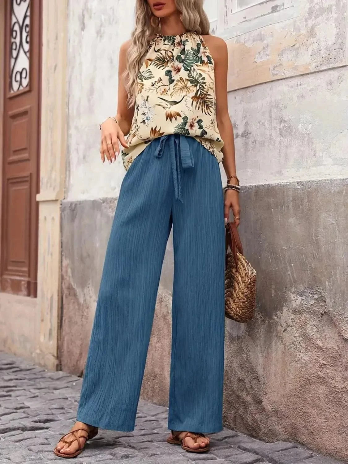Cerulean Printed Tank Top and Wide Leg Pants Set Two-Piece sets