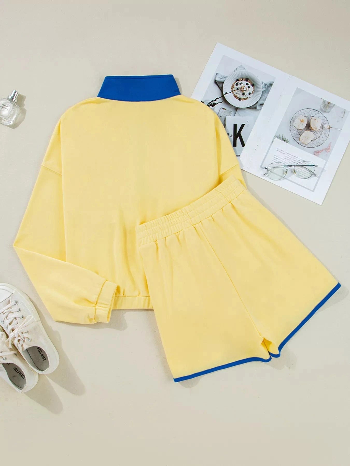 Color Block Patchwork Half Button Top and Shorts 2pcs Set Two-Piece sets