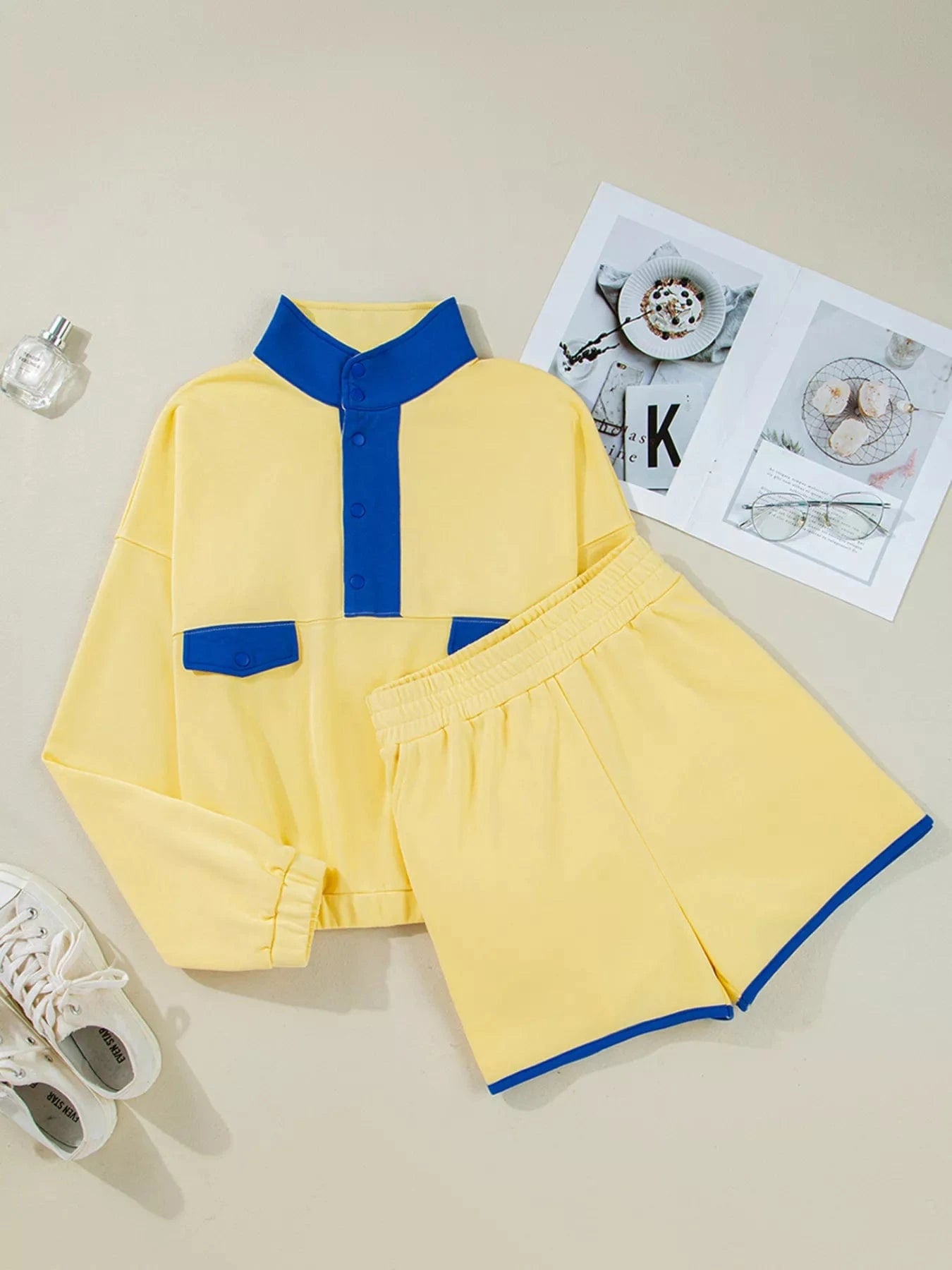 Color Block Patchwork Half Button Top and Shorts 2pcs Set Two-Piece sets