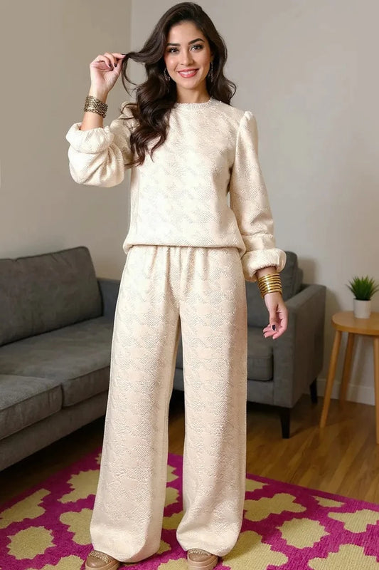 Cream Double Take Texture Long Sleeve Top and Wide Leg Pants Set Two-Piece sets