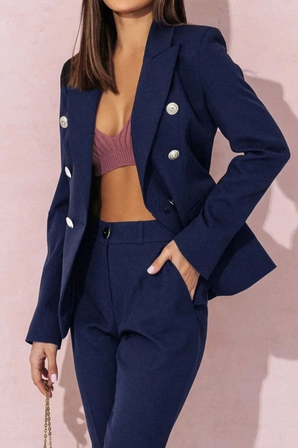 Dark Blue Full Size Lapel Collar Long Sleeve Blazer and Pants Set Plus Size Two-Piece sets