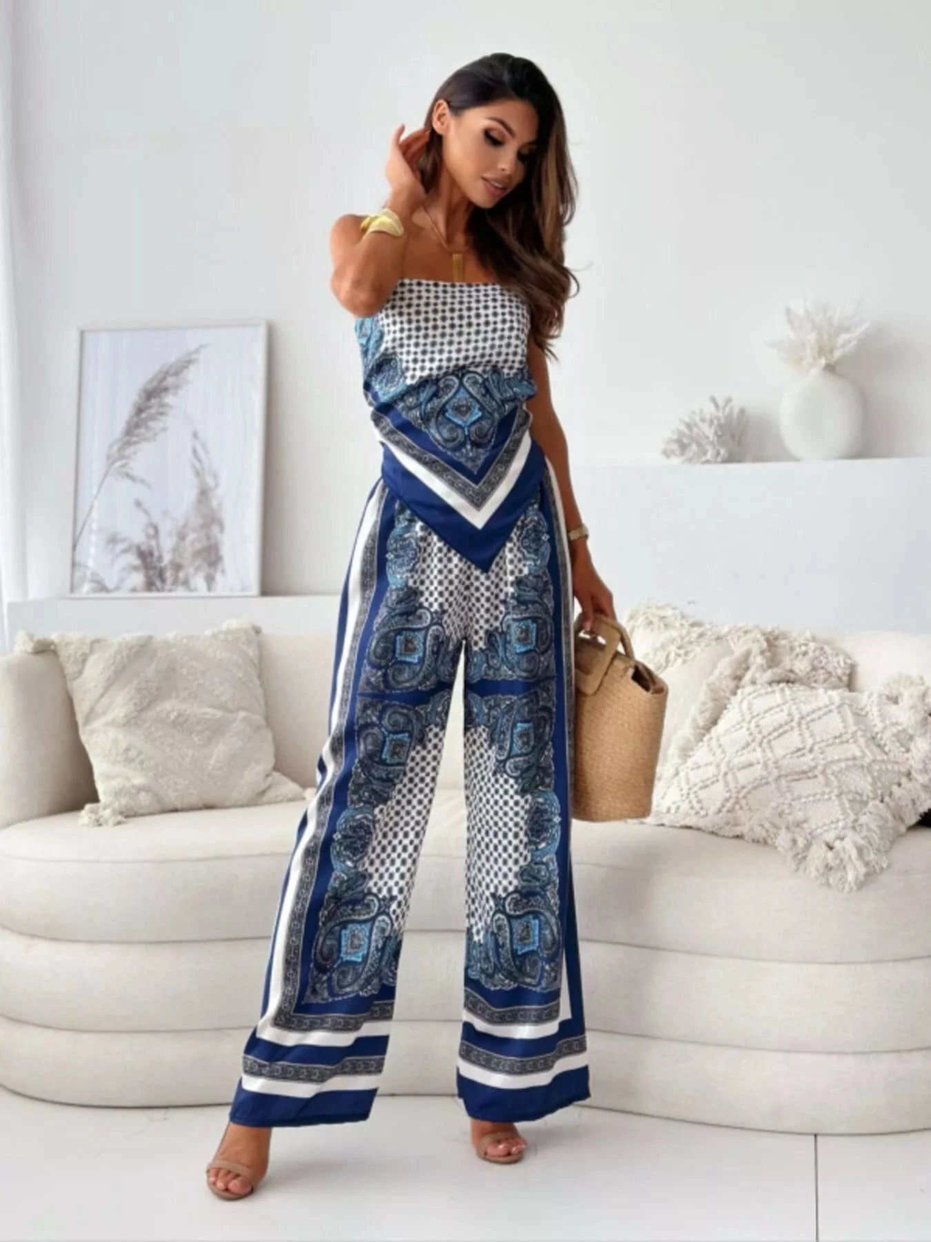 Dark Blue Tie Back Printed Cami and Pants Set Two-Piece sets