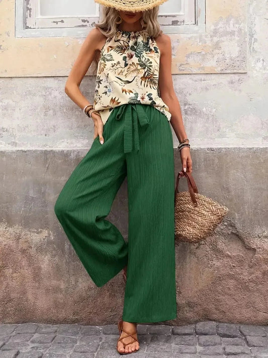 Dark Green Printed Tank Top and Wide Leg Pants Set Two-Piece sets