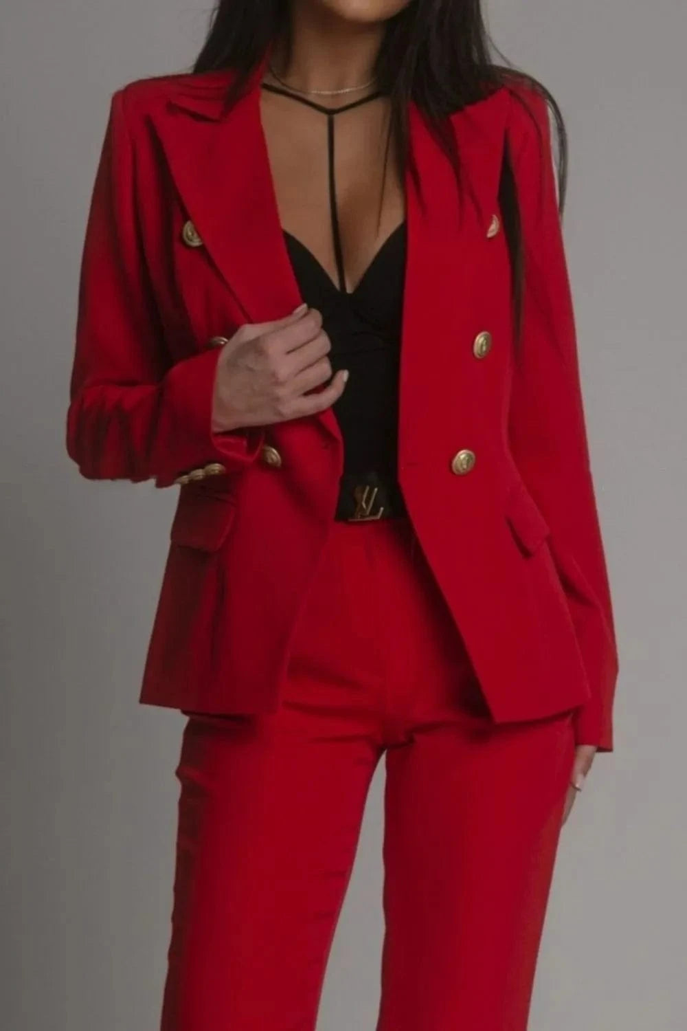 Deep Red Full Size Lapel Collar Long Sleeve Blazer and Pants Set Plus Size Two-Piece sets