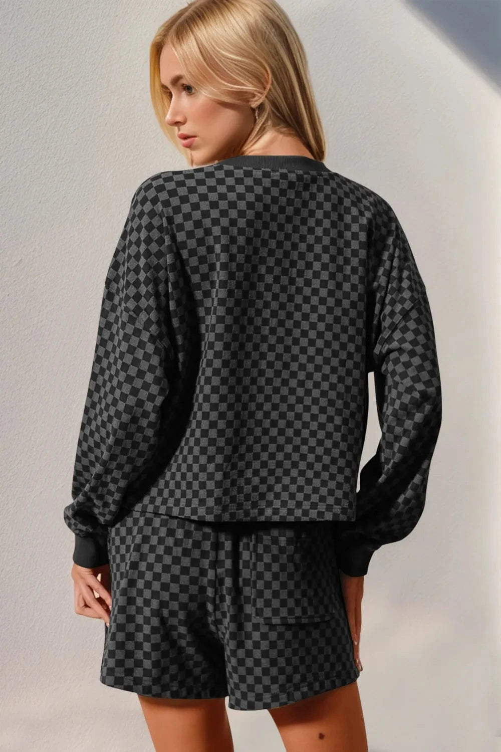 Double Take Checkered Half Button Top and Shorts Set Two-Piece sets