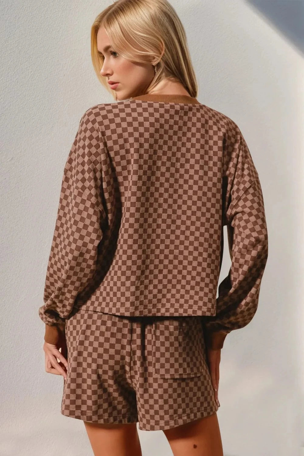 Double Take Checkered Half Button Top and Shorts Set Two-Piece sets