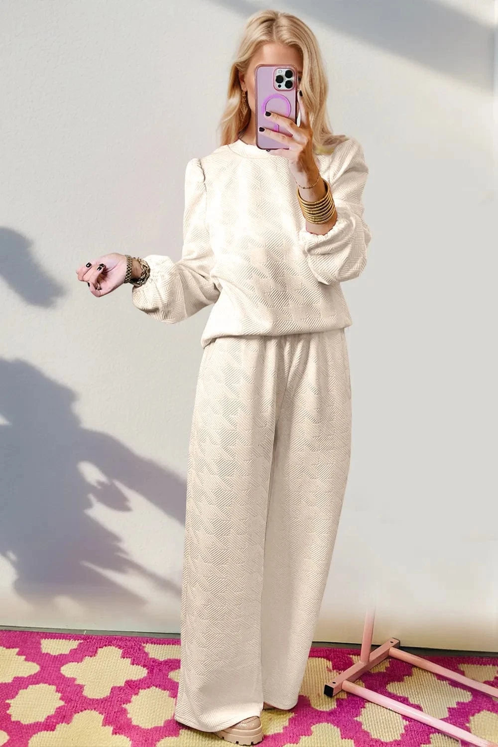 Double Take Texture Long Sleeve Top and Wide Leg Pants Set Two-Piece sets
