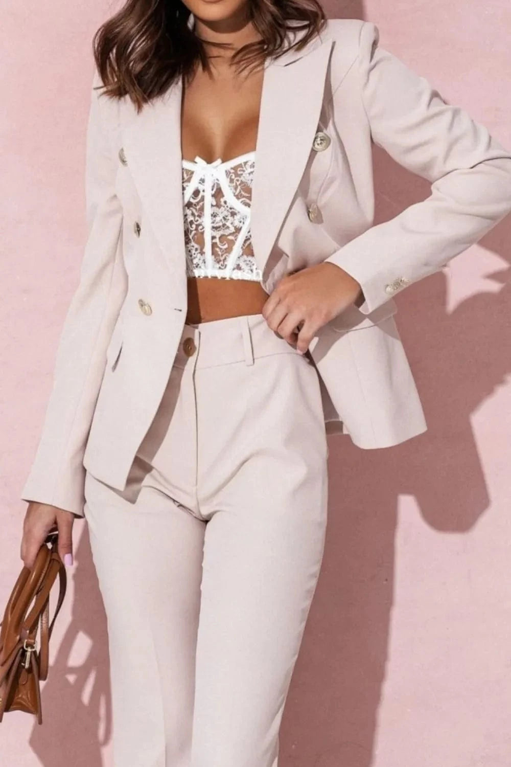 Eggshell Full Size Lapel Collar Long Sleeve Blazer and Pants Set Plus Size Two-Piece sets