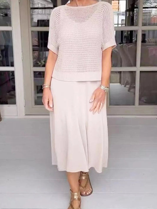 Eggshell Full Size Openwork Knit Cover Up and Dress Set Plus Size Two-Piece sets