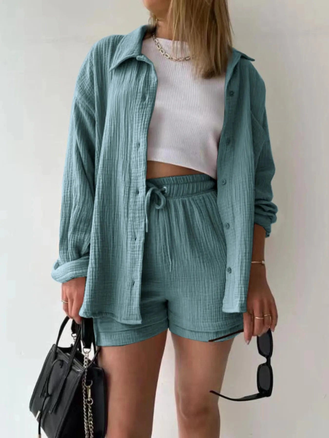 French Blue Button Up Shirt and Shorts Set Two-Piece sets