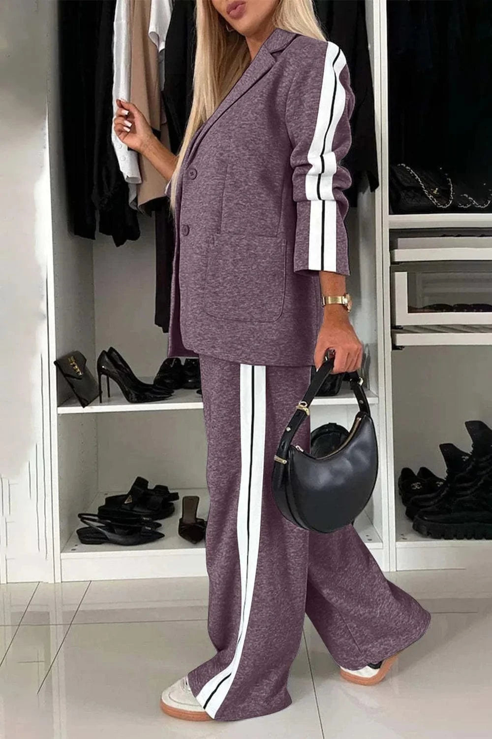 Full Size Contrast Lapel Collar Top and Pants Set Two-Piece sets