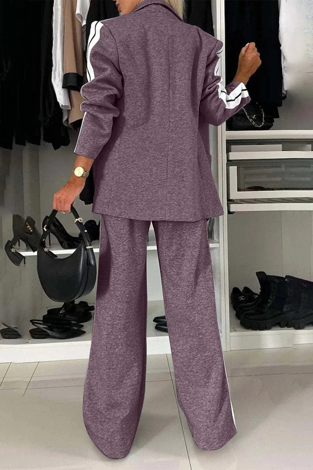 Full Size Contrast Lapel Collar Top and Pants Set Two-Piece sets