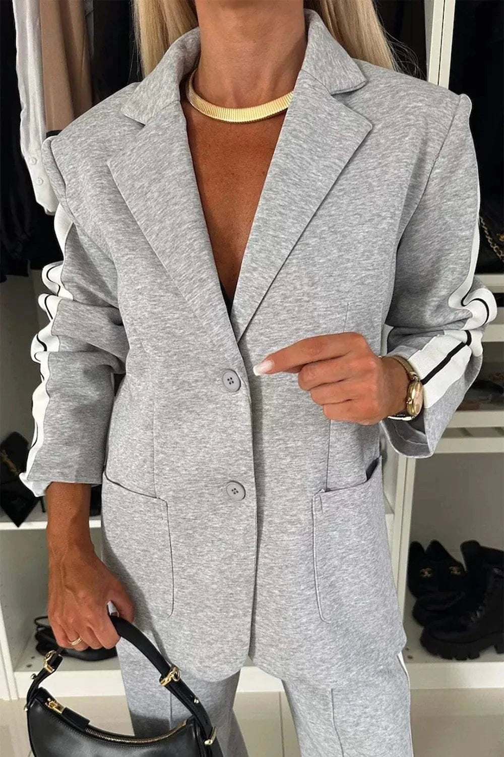Full Size Contrast Lapel Collar Top and Pants Set Two-Piece sets