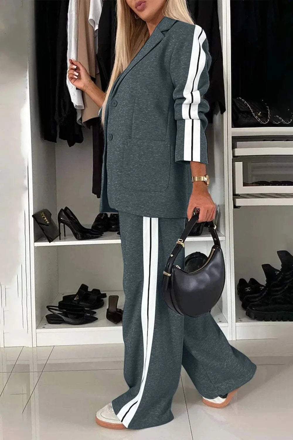 Full Size Contrast Lapel Collar Top and Pants Set Two-Piece sets