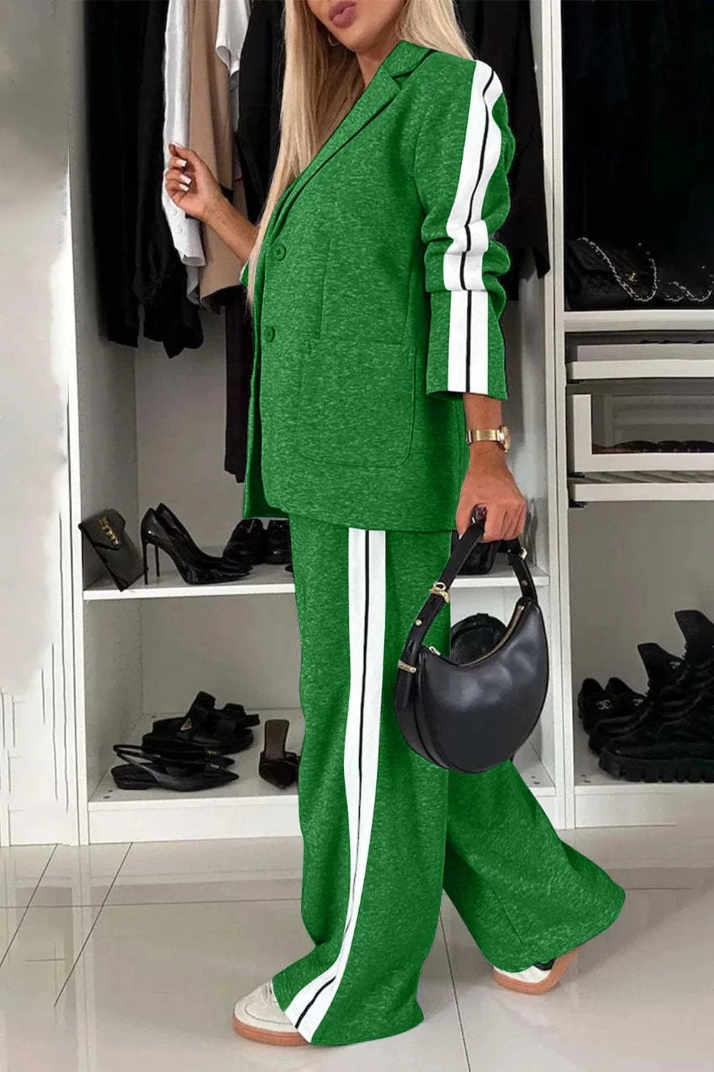 Full Size Contrast Lapel Collar Top and Pants Set Two-Piece sets