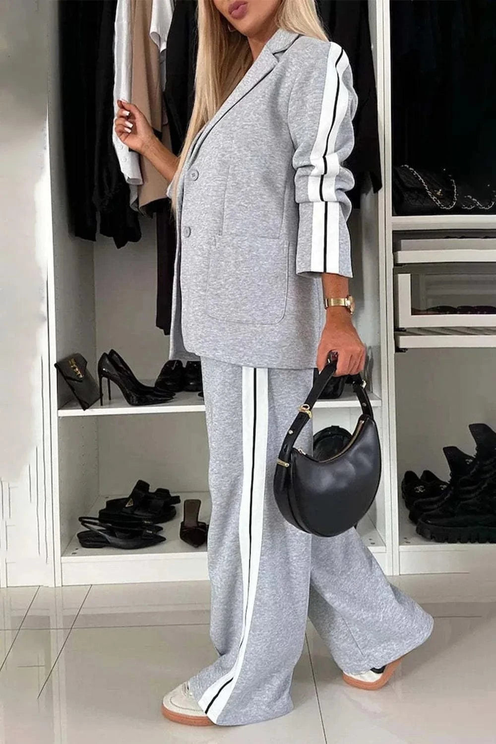 Full Size Contrast Lapel Collar Top and Pants Set Two-Piece sets