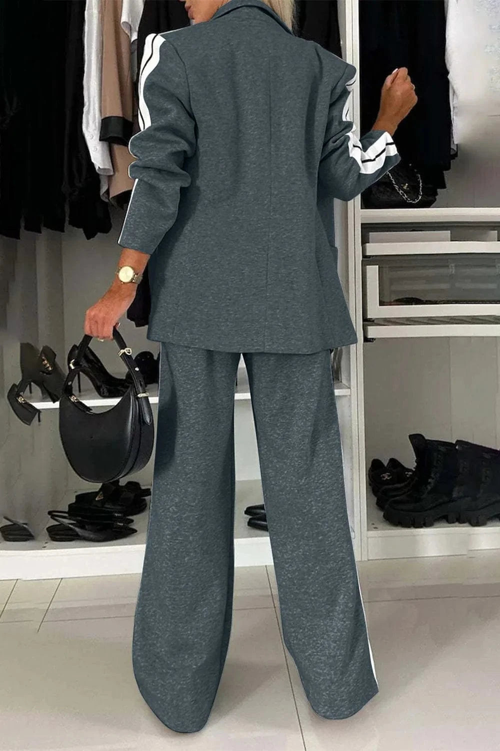 Full Size Contrast Lapel Collar Top and Pants Set Two-Piece sets