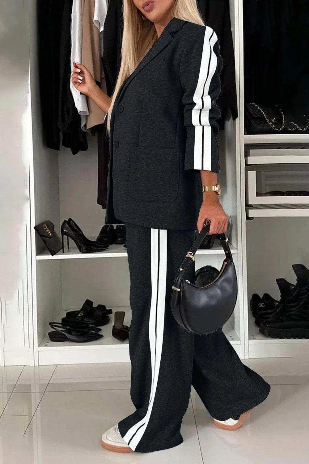 Full Size Contrast Lapel Collar Top and Pants Set Two-Piece sets