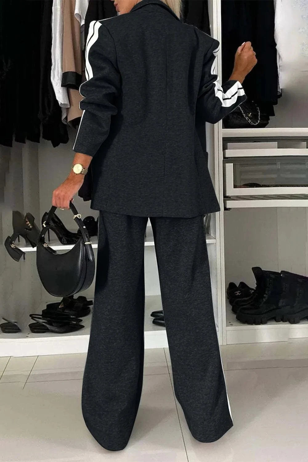 Full Size Contrast Lapel Collar Top and Pants Set Two-Piece sets