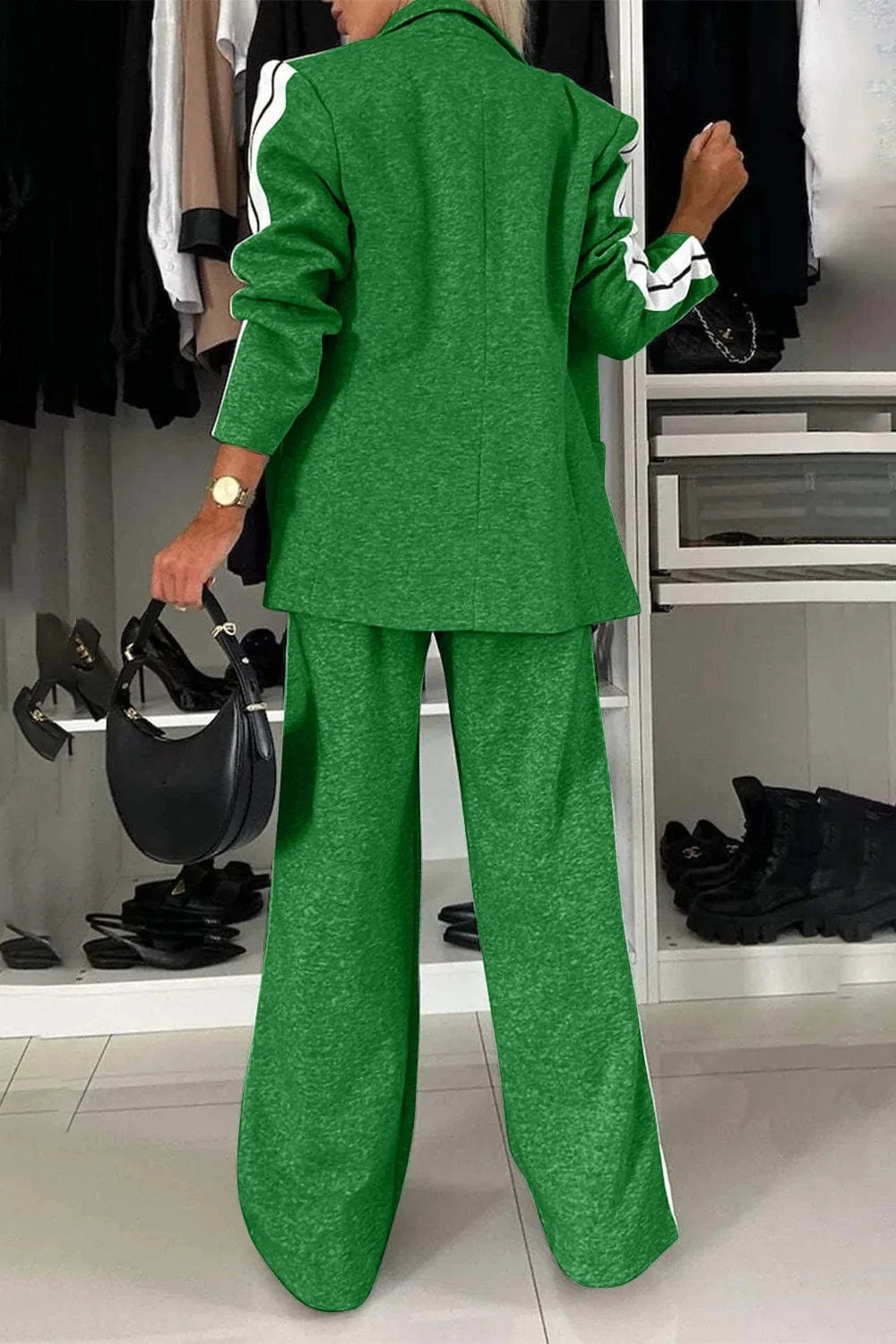 Full Size Contrast Lapel Collar Top and Pants Set Two-Piece sets