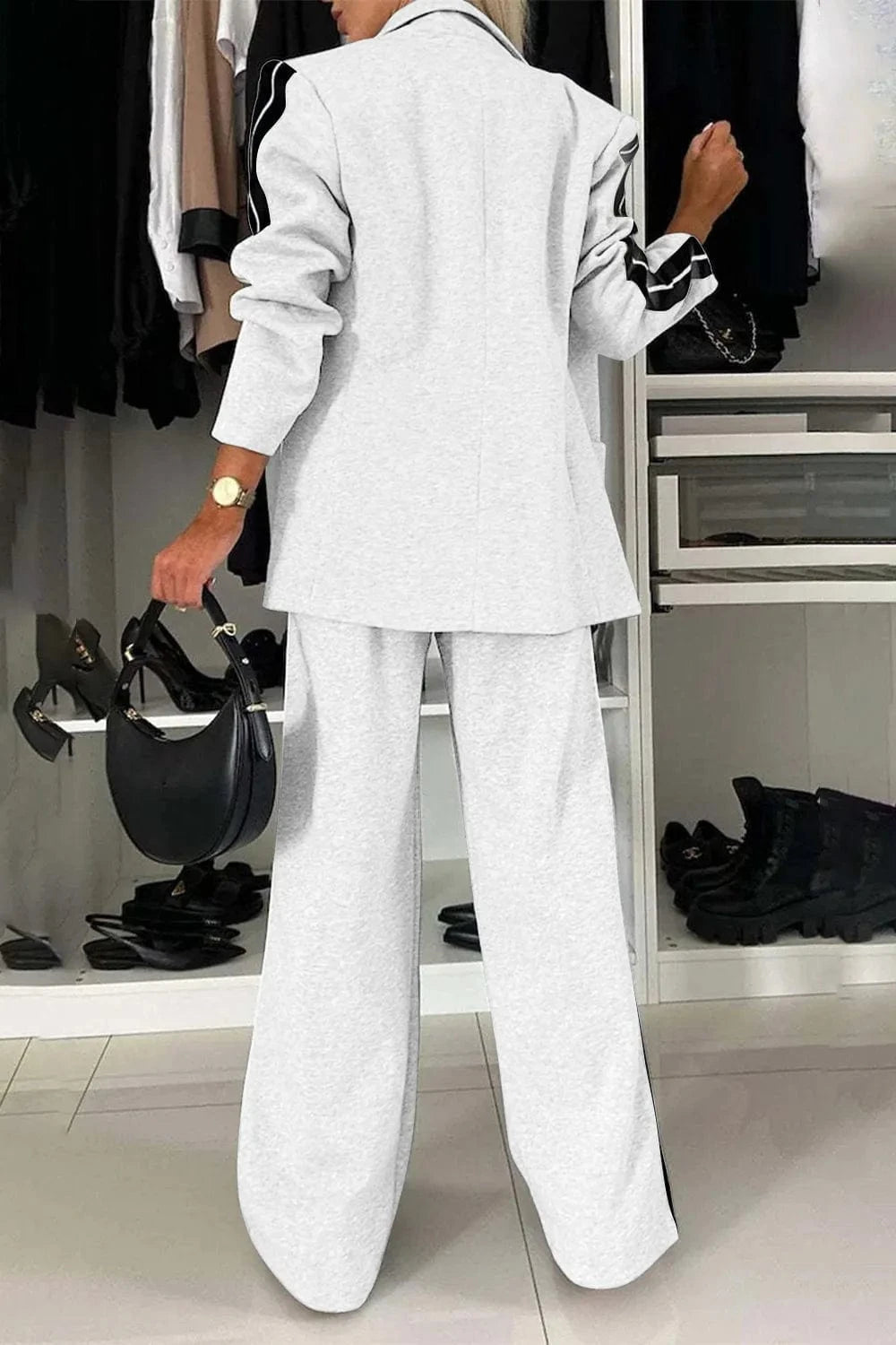 Full Size Contrast Lapel Collar Top and Pants Set Two-Piece sets
