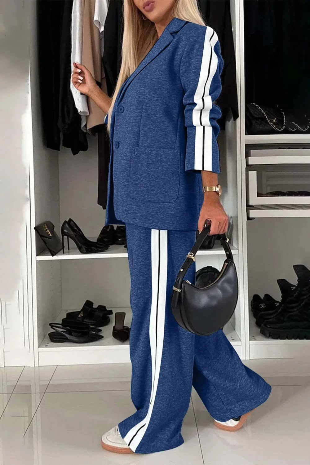 Full Size Contrast Lapel Collar Top and Pants Set Two-Piece sets