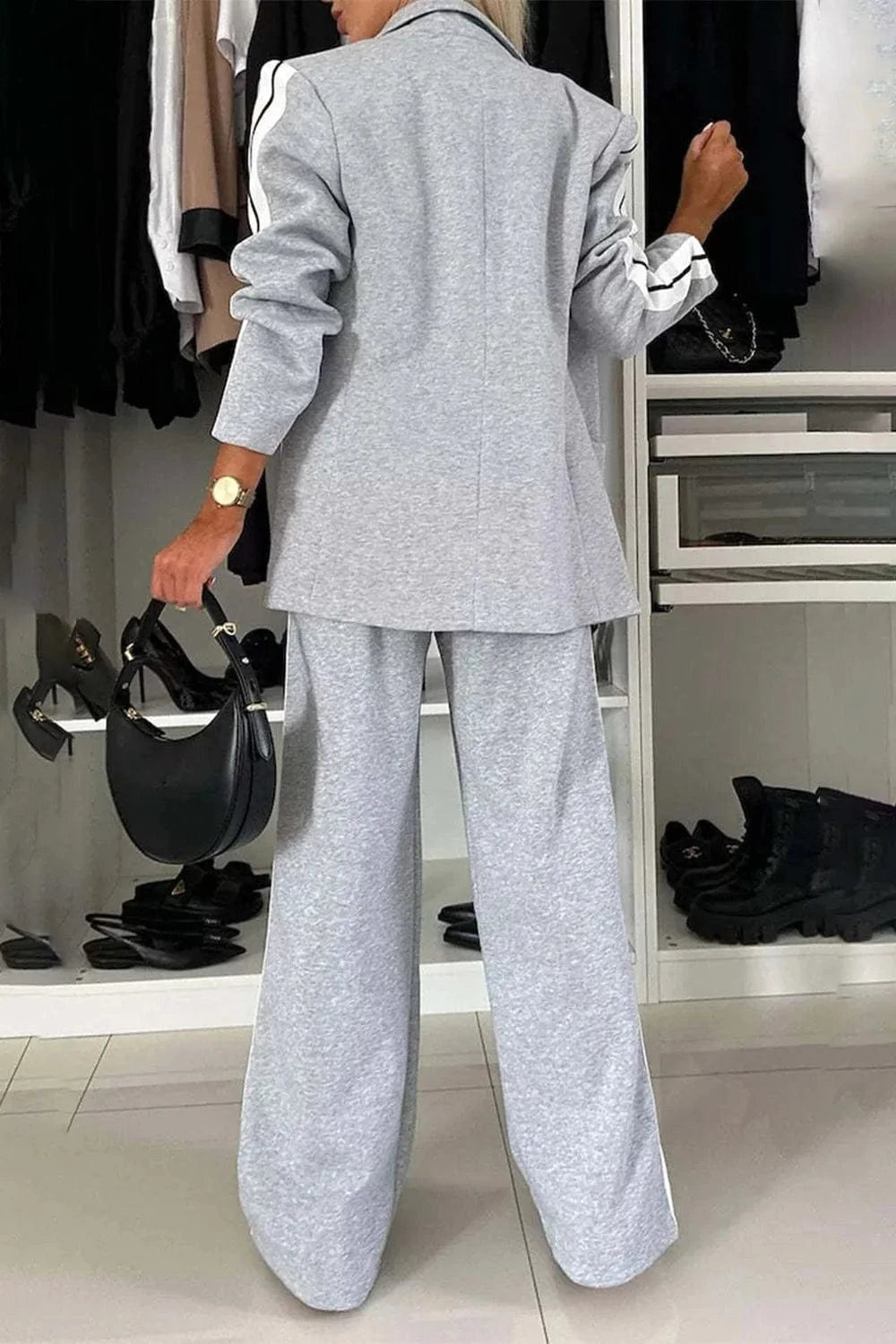 Full Size Contrast Lapel Collar Top and Pants Set Two-Piece sets