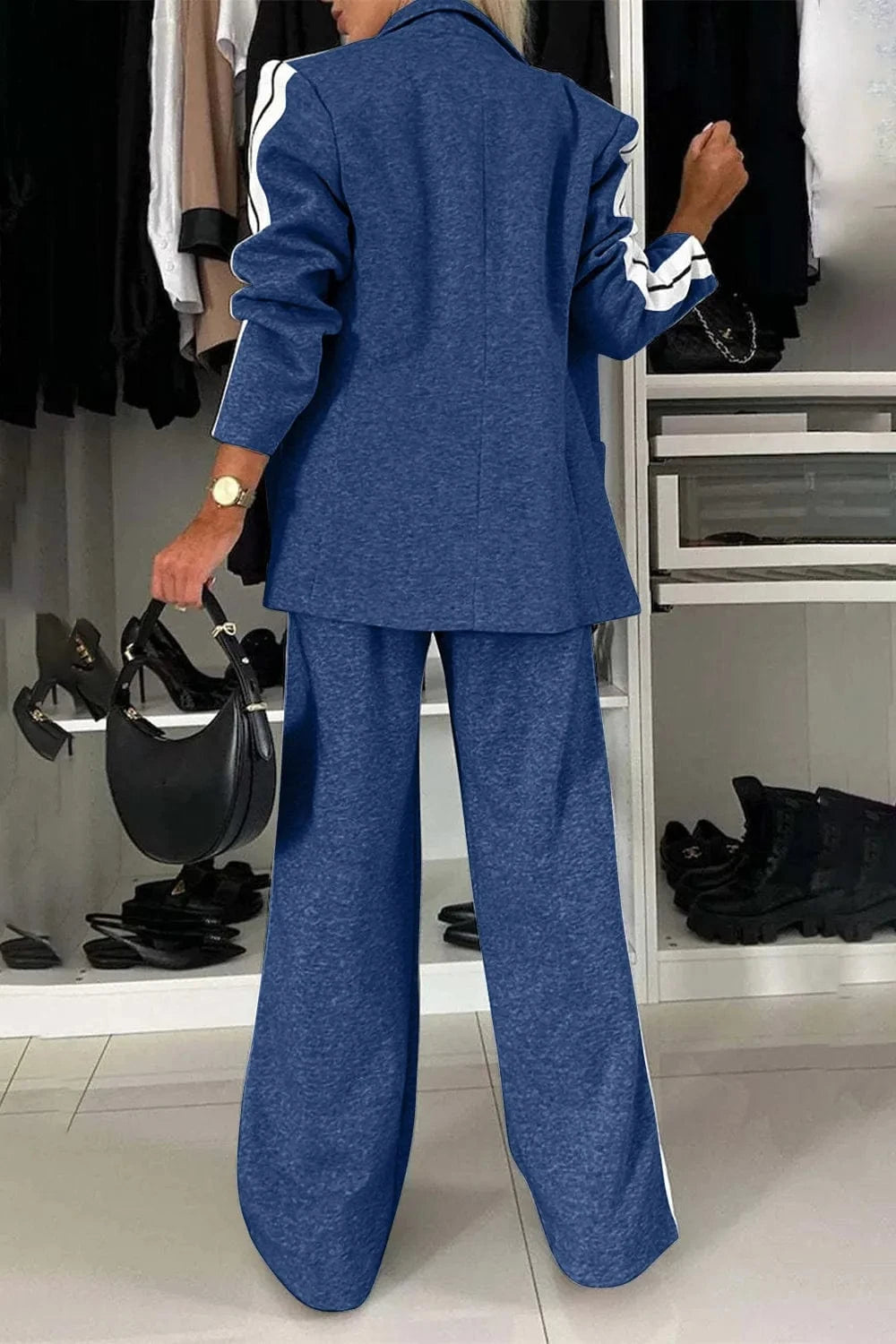 Full Size Contrast Lapel Collar Top and Pants Set Two-Piece sets