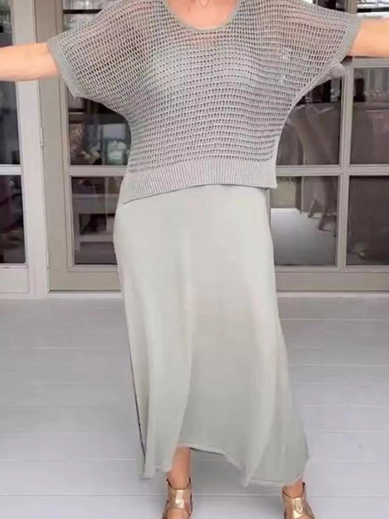 Full Size Openwork Knit Cover Up and Dress Set Plus Size Two-Piece sets