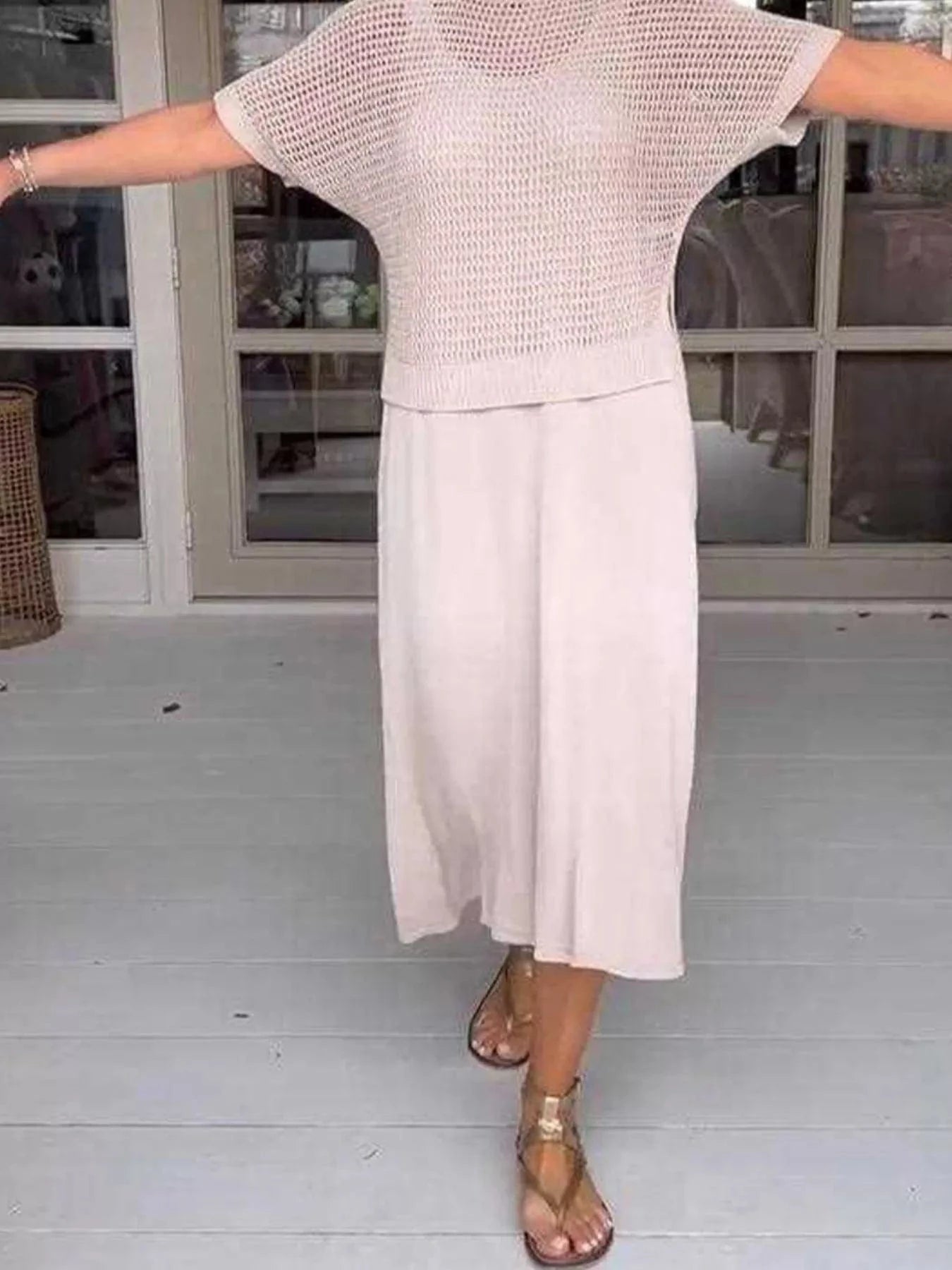 Full Size Openwork Knit Cover Up and Dress Set Plus Size Two-Piece sets