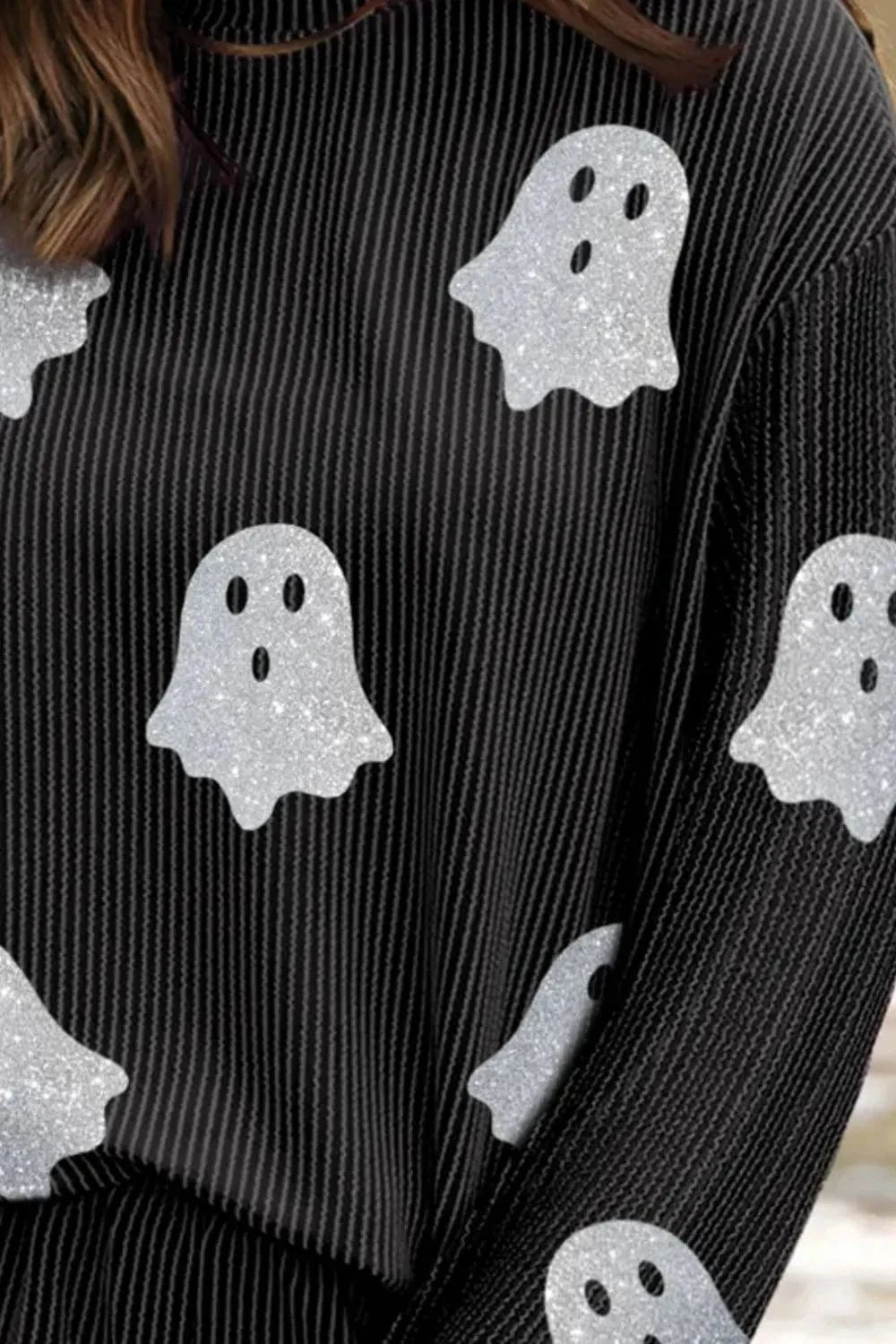 Glitter Ghost Round Neck Long Sleeve Top and Shorts Set Two-Piece sets