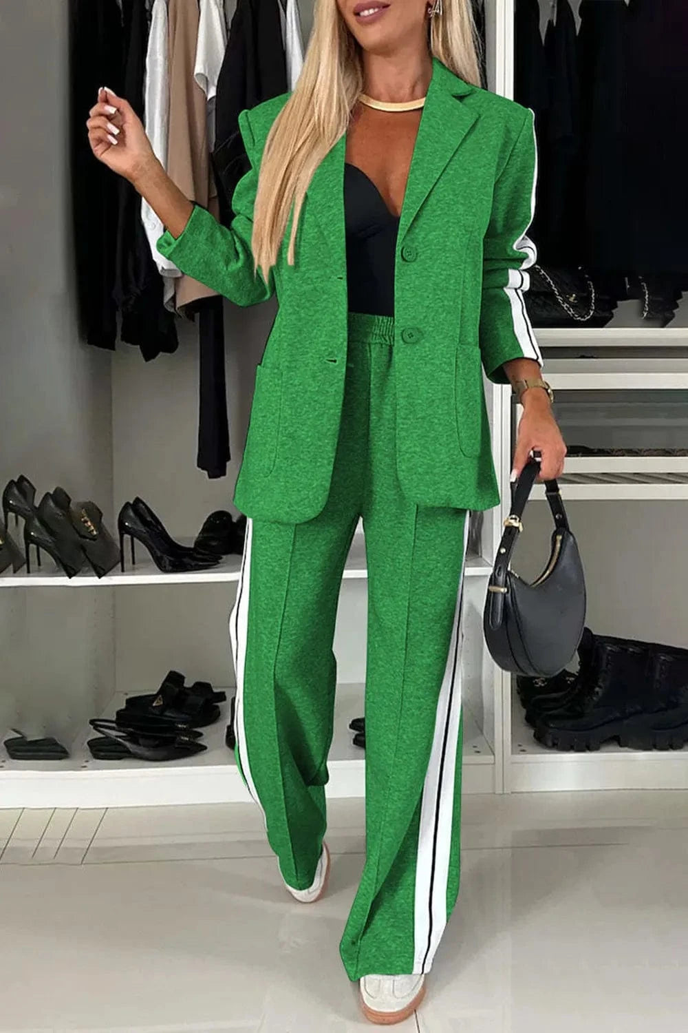 Green Full Size Contrast Lapel Collar Top and Pants Set Two-Piece sets