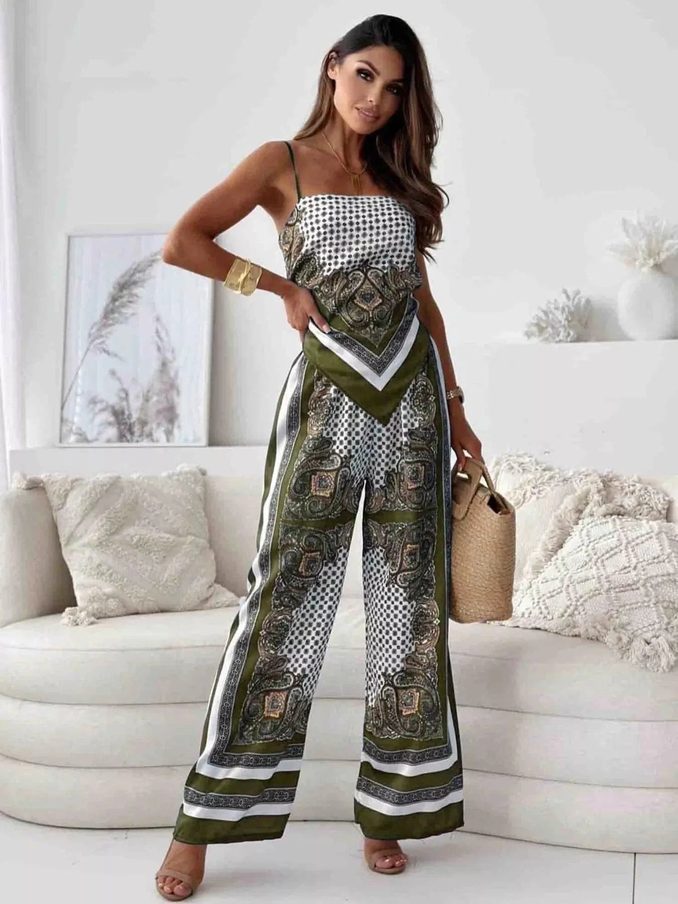 Green Tie Back Printed Cami and Pants Set Two-Piece sets