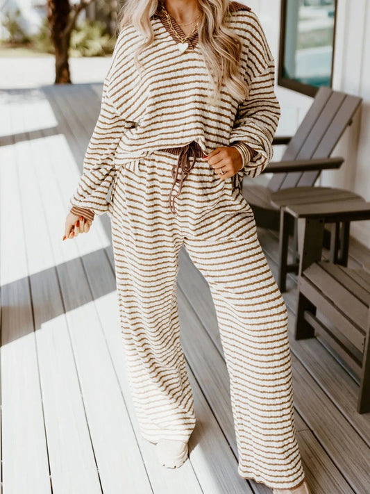 Khaki Stripe Stripe Collared Top and Drawstring Pant Set Two-Piece sets