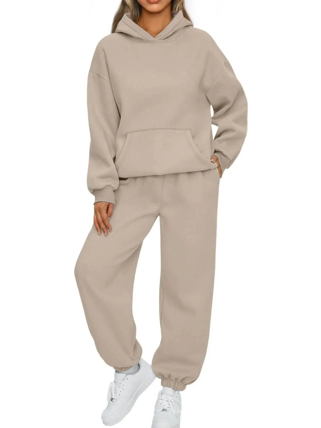Khaki Full Size Kangaroo Pocket Hoodie and Joggers Set Plus Size Two-Piece sets