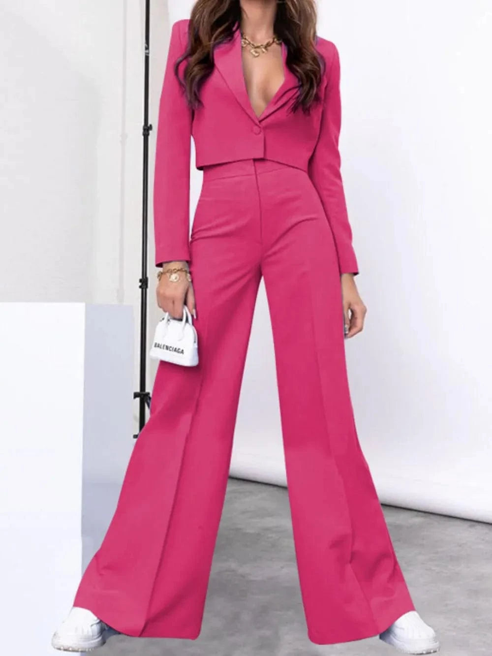 Lapel Collar Cropped Top and Wide Leg Pants Set Two-Piece sets