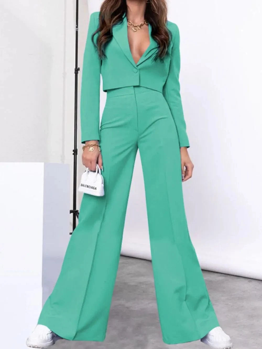 Lapel Collar Cropped Top and Wide Leg Pants Set Two-Piece sets