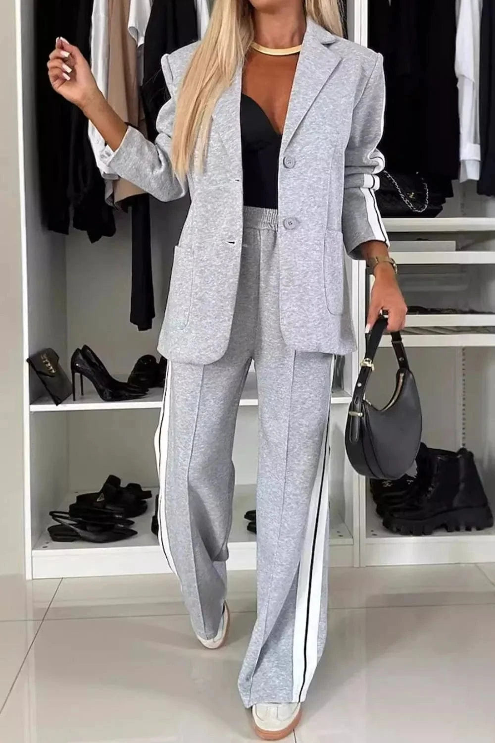 Light Gray Full Size Contrast Lapel Collar Top and Pants Set Two-Piece sets
