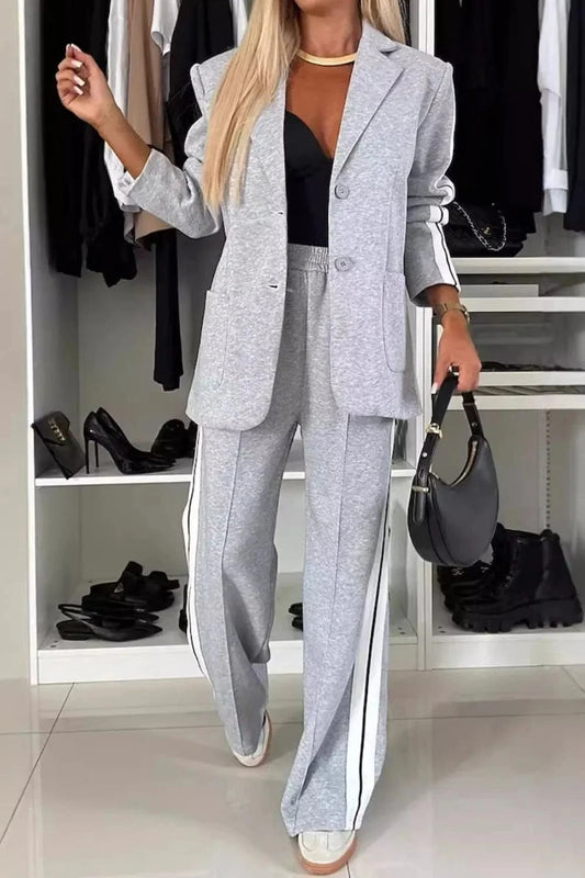 Light Gray Full Size Contrast Lapel Collar Top and Pants Set Two-Piece sets