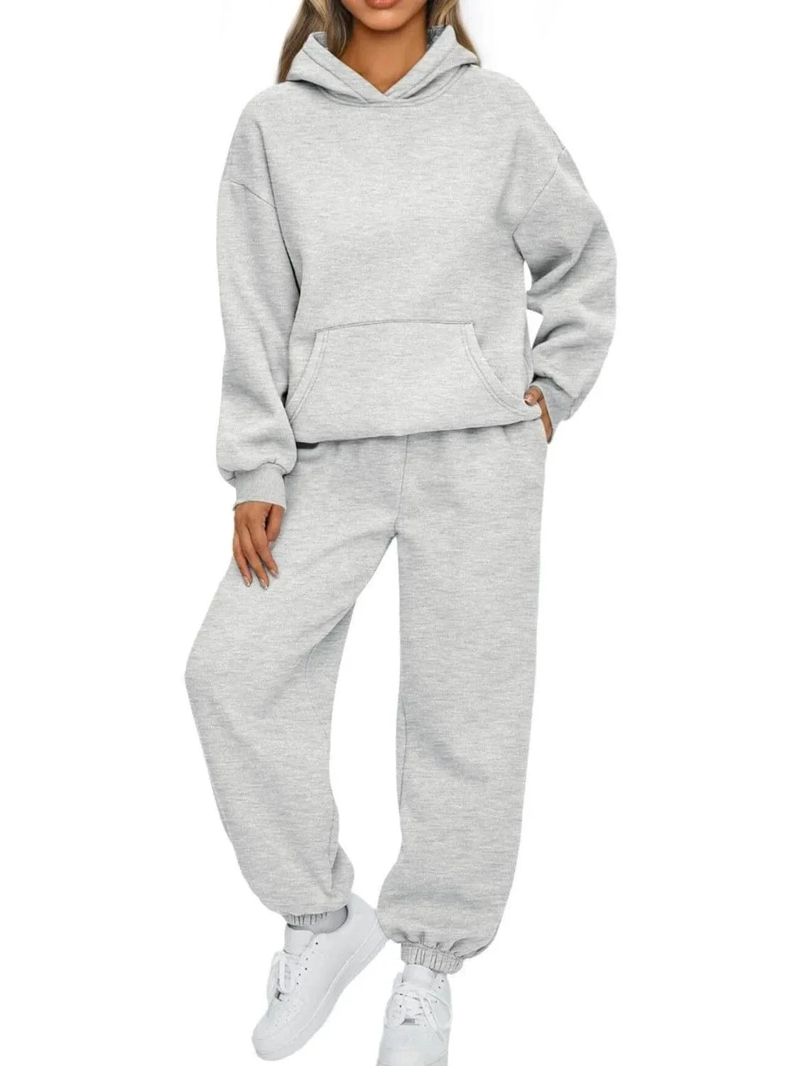Light Gray Full Size Kangaroo Pocket Hoodie and Joggers Set Plus Size Two-Piece sets